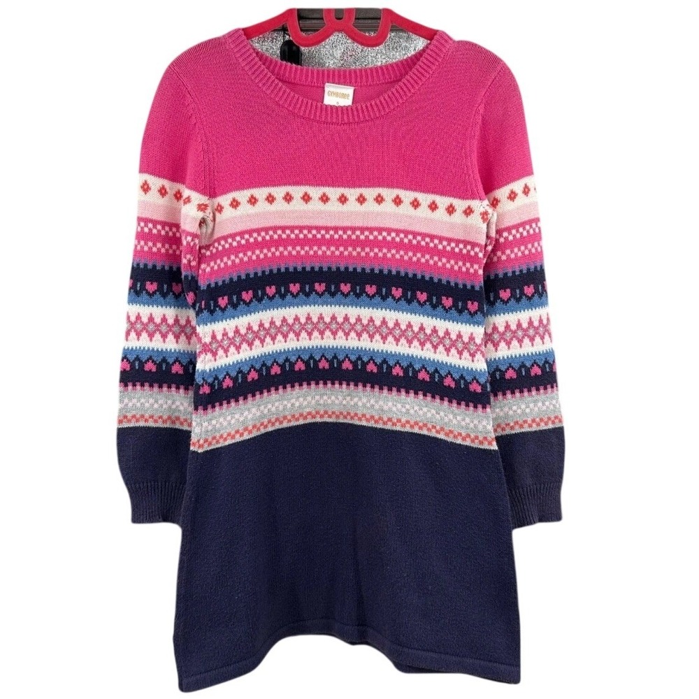 Girls Fair Isle Heart Knit Sweater Dress Pink Navy Blue Cotton Gymboree Size 5